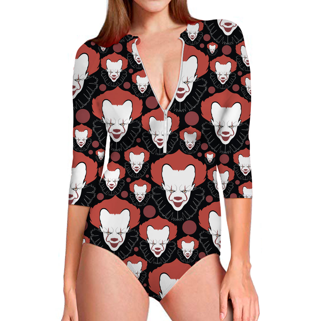 Halloween Scary Clown Pattern Print Long Sleeve One Piece Swimsuit