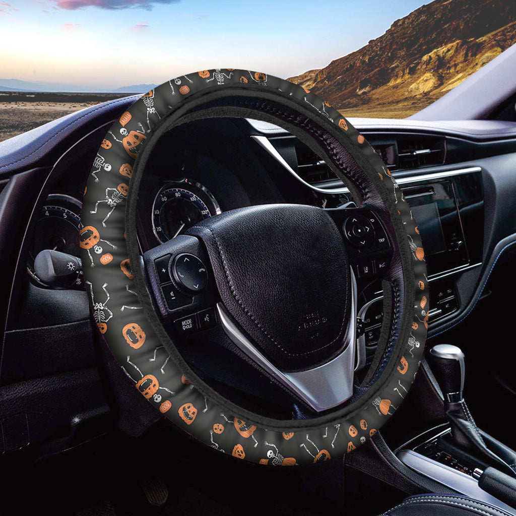 Halloween Skeleton And Pumpkin Print Car Steering Wheel Cover