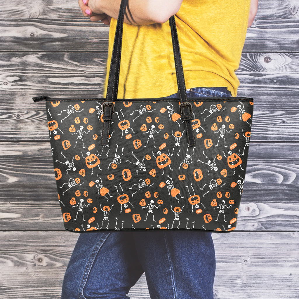 Halloween Skeleton And Pumpkin Print Leather Tote Bag