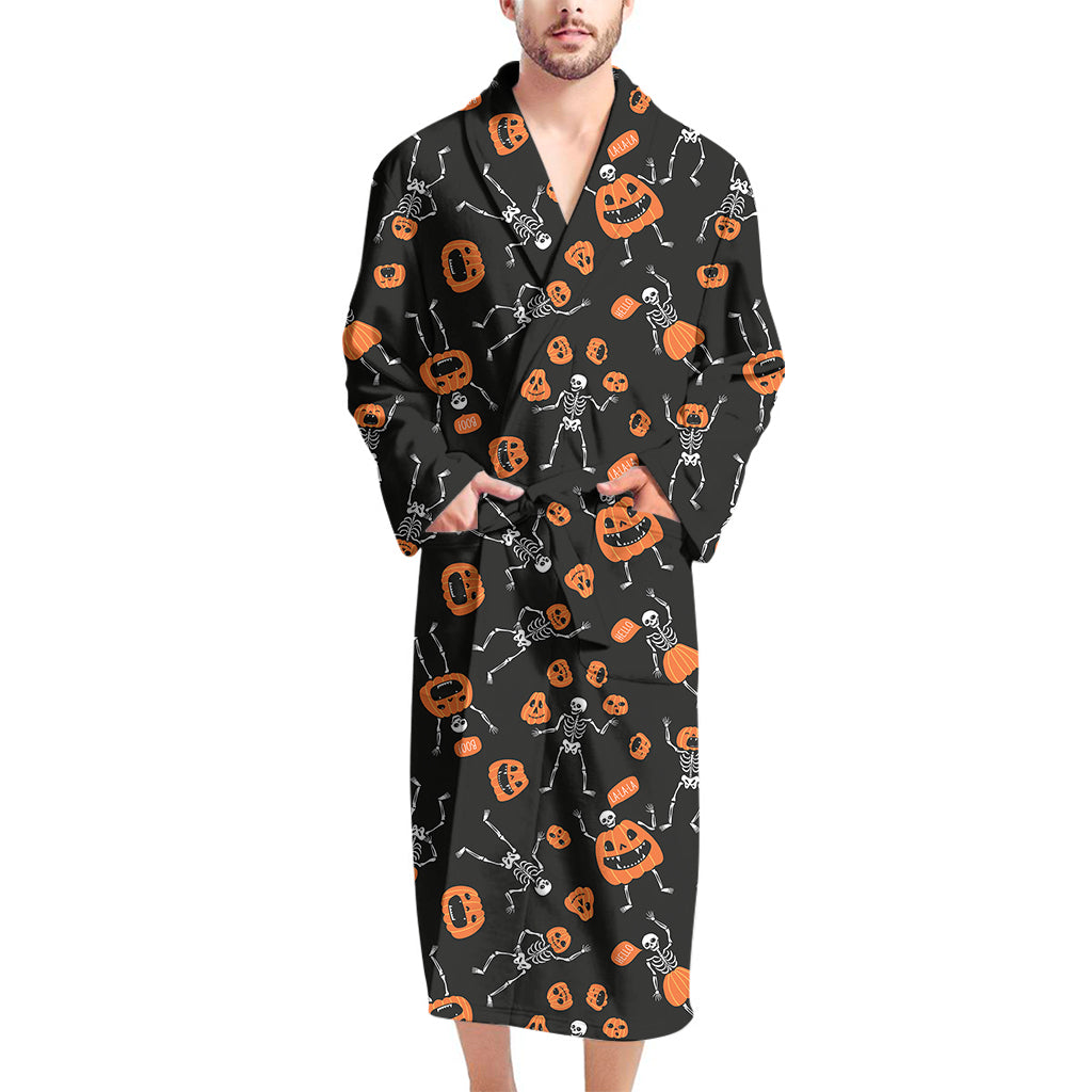 Halloween Skeleton And Pumpkin Print Men's Bathrobe