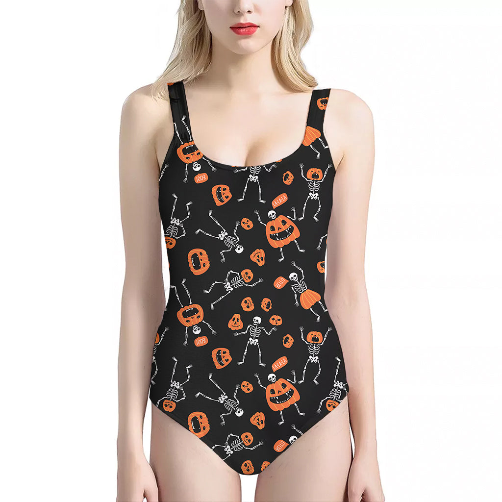 Halloween Skeleton And Pumpkin Print One Piece Halter Neck Swimsuit