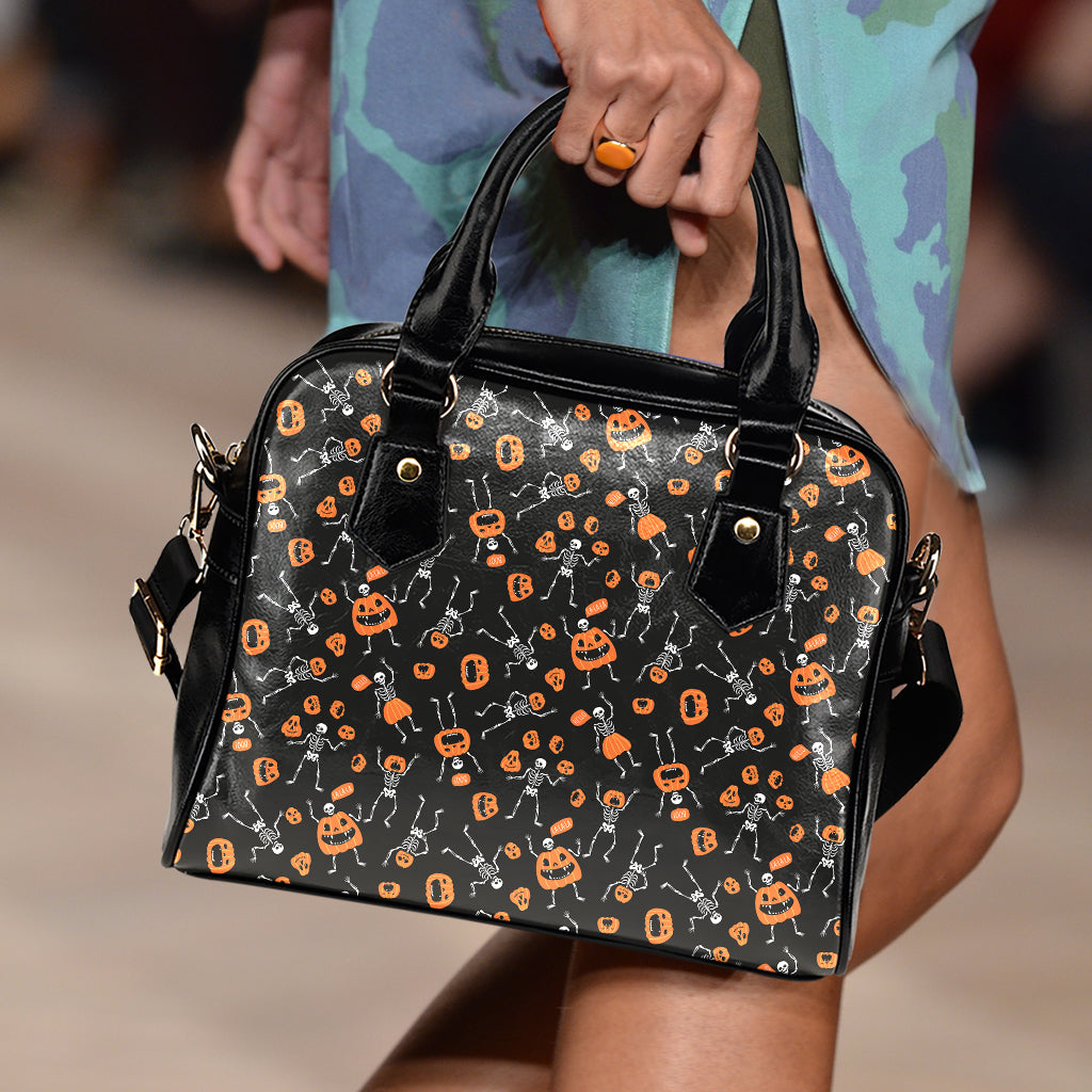 Halloween Skeleton And Pumpkin Print Shoulder Handbag