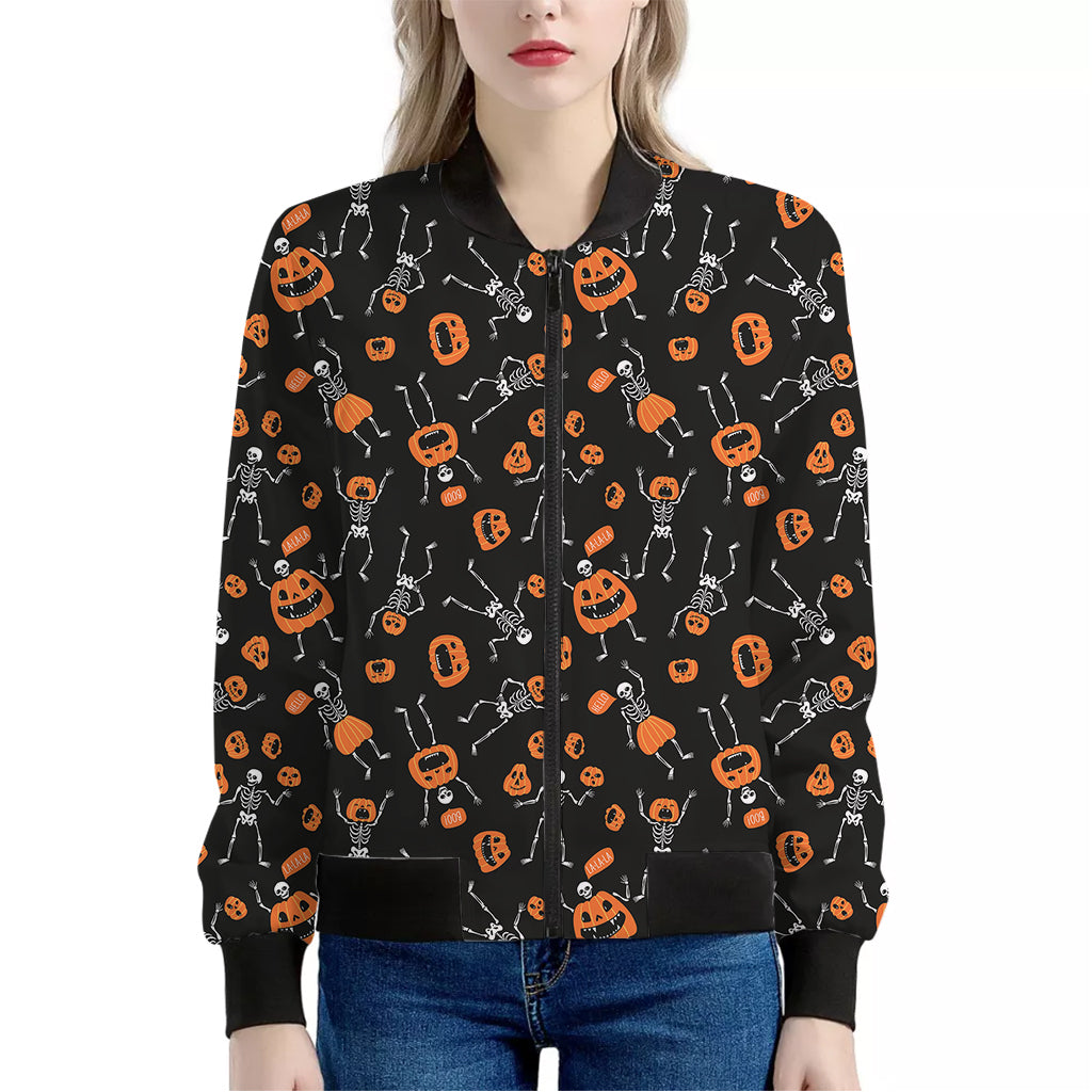 Halloween Skeleton And Pumpkin Print Women's Bomber Jacket