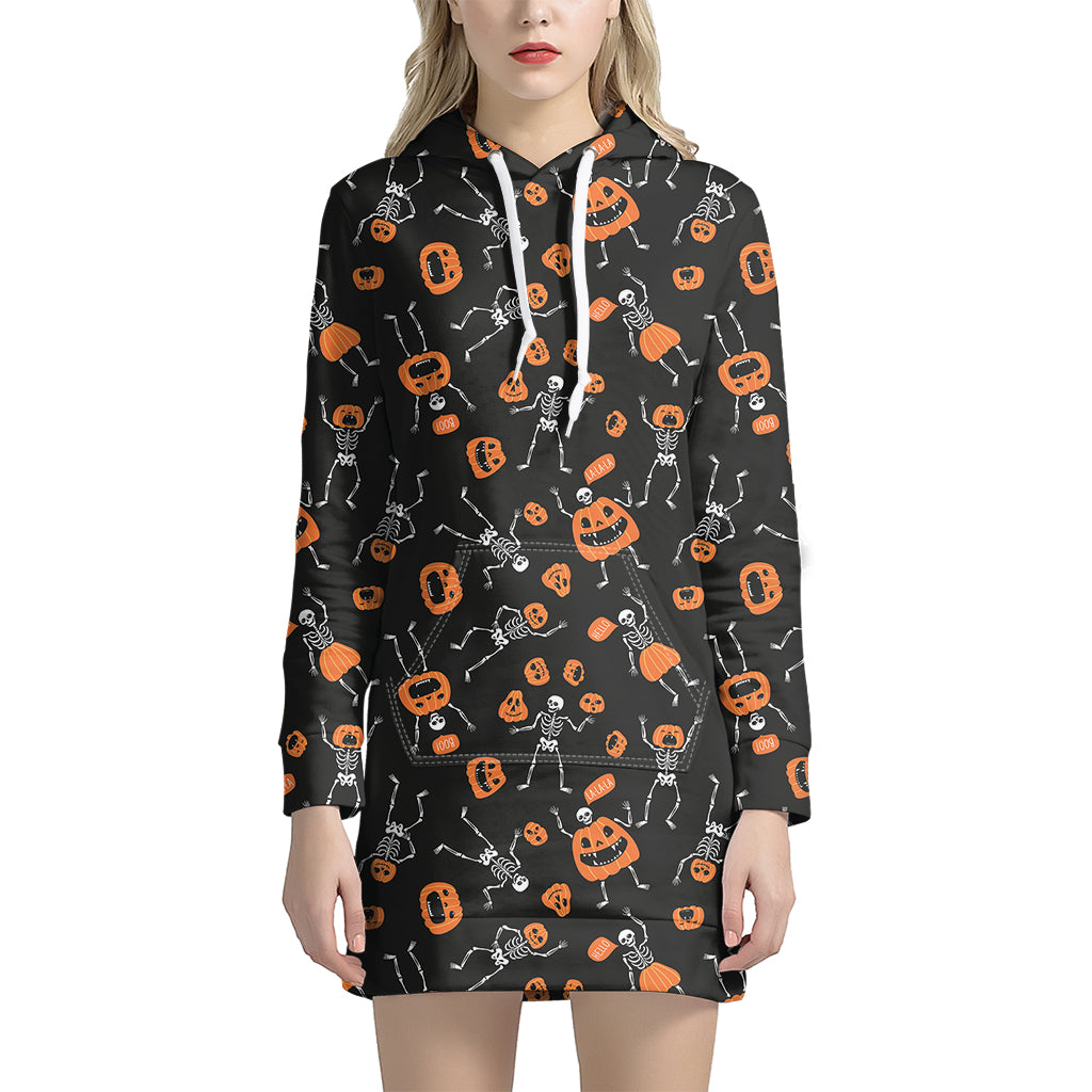 Halloween Skeleton And Pumpkin Print Women's Pullover Hoodie Dress