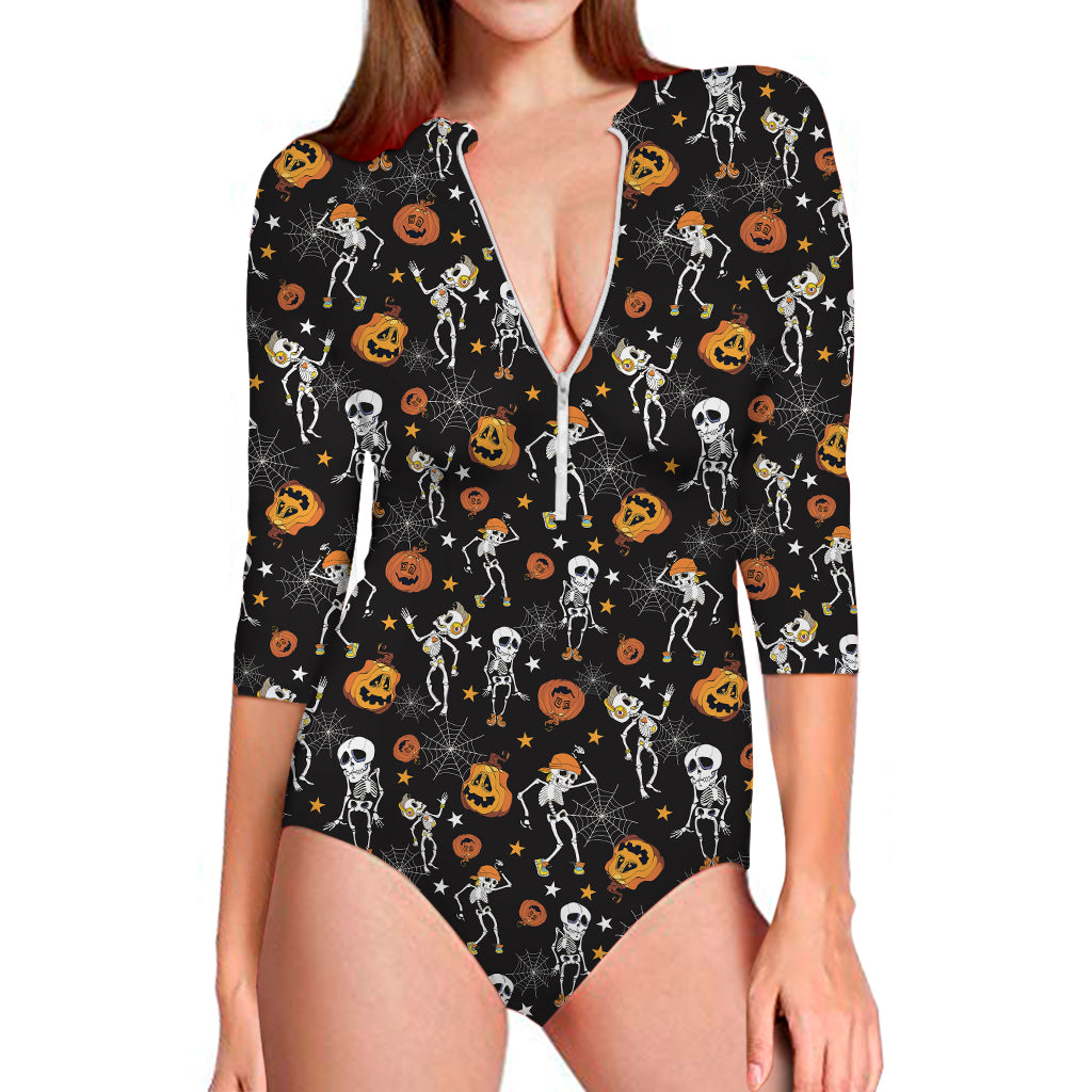 Halloween Skeleton Party Pattern Print Long Sleeve One Piece Swimsuit