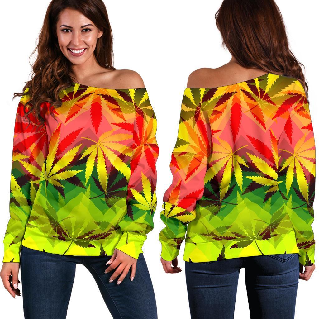 Hemp Leaf Reggae Pattern Print Women's Off-Shoulder Sweatshirt