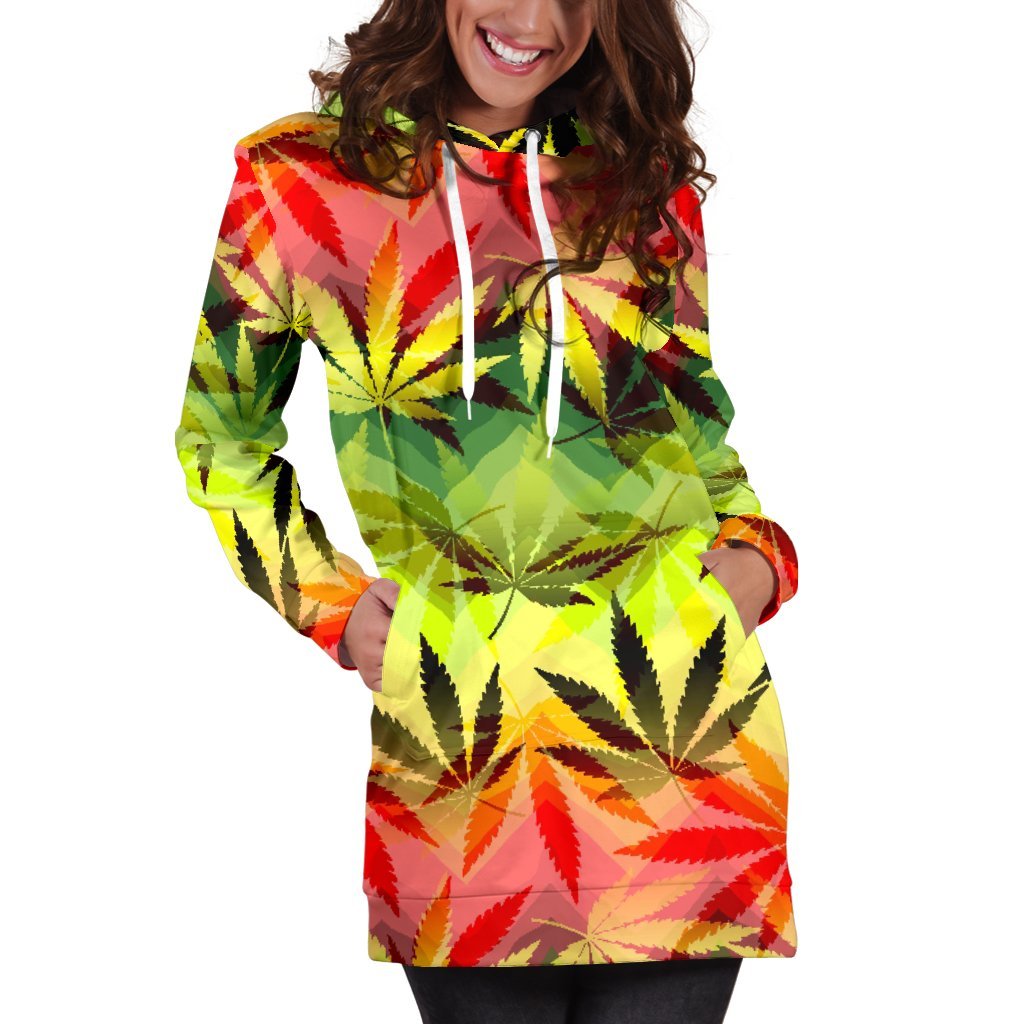 Hemp Leaf Reggae Pattern Print Women's Pullover Hoodie Dress