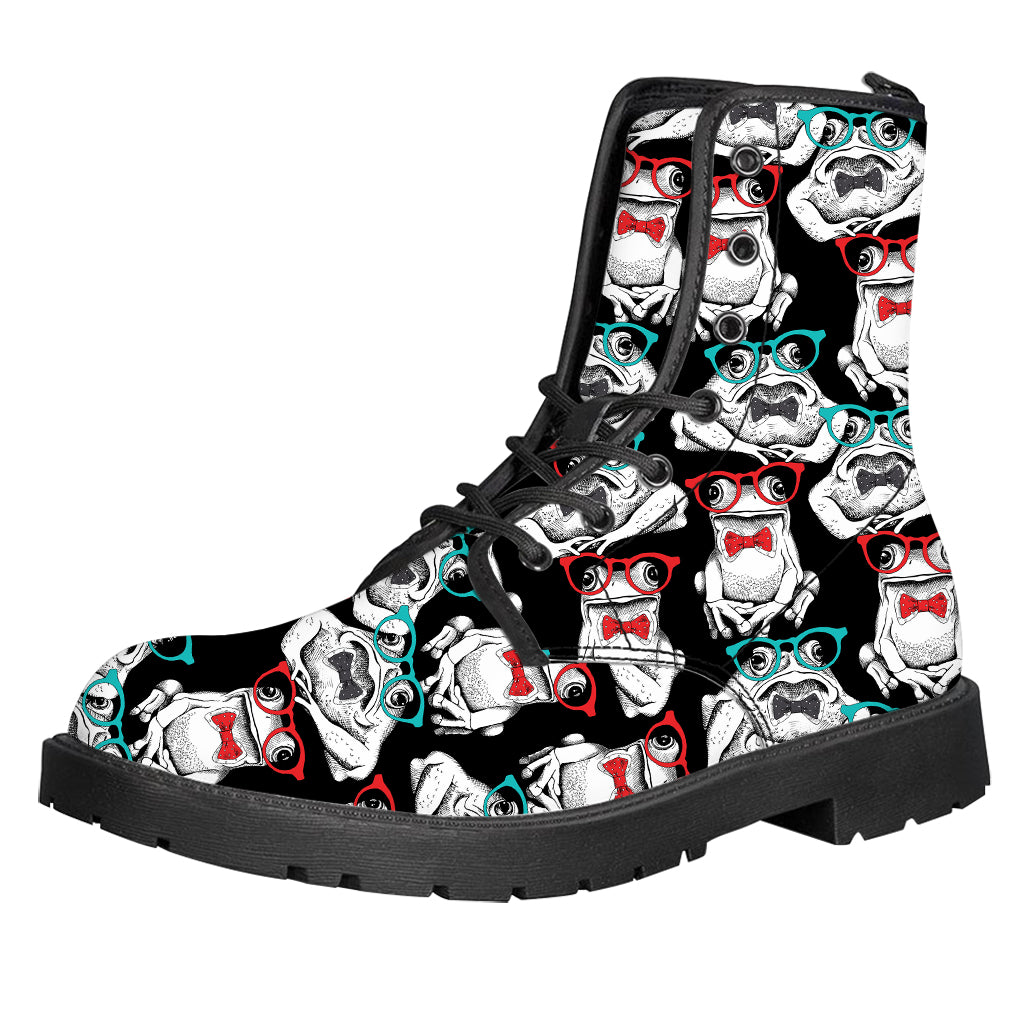 Hipster Frog Pattern Print Leather Boots