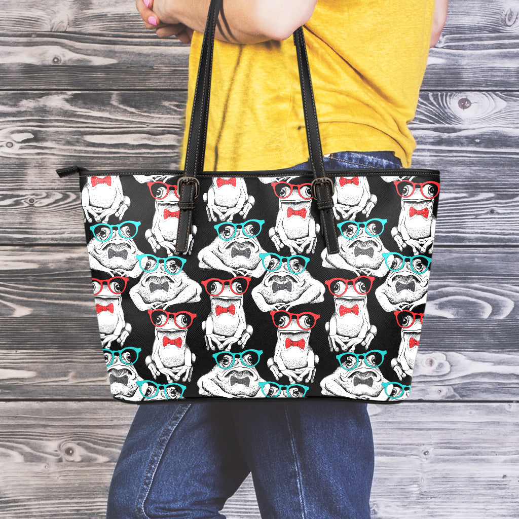 Hipster Frog Pattern Print Leather Tote Bag
