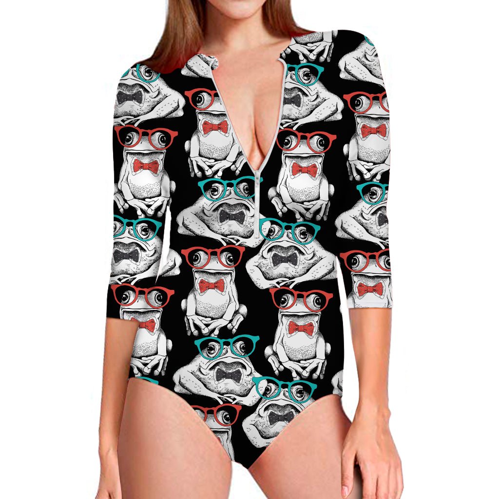 Hipster Frog Pattern Print Long Sleeve One Piece Swimsuit