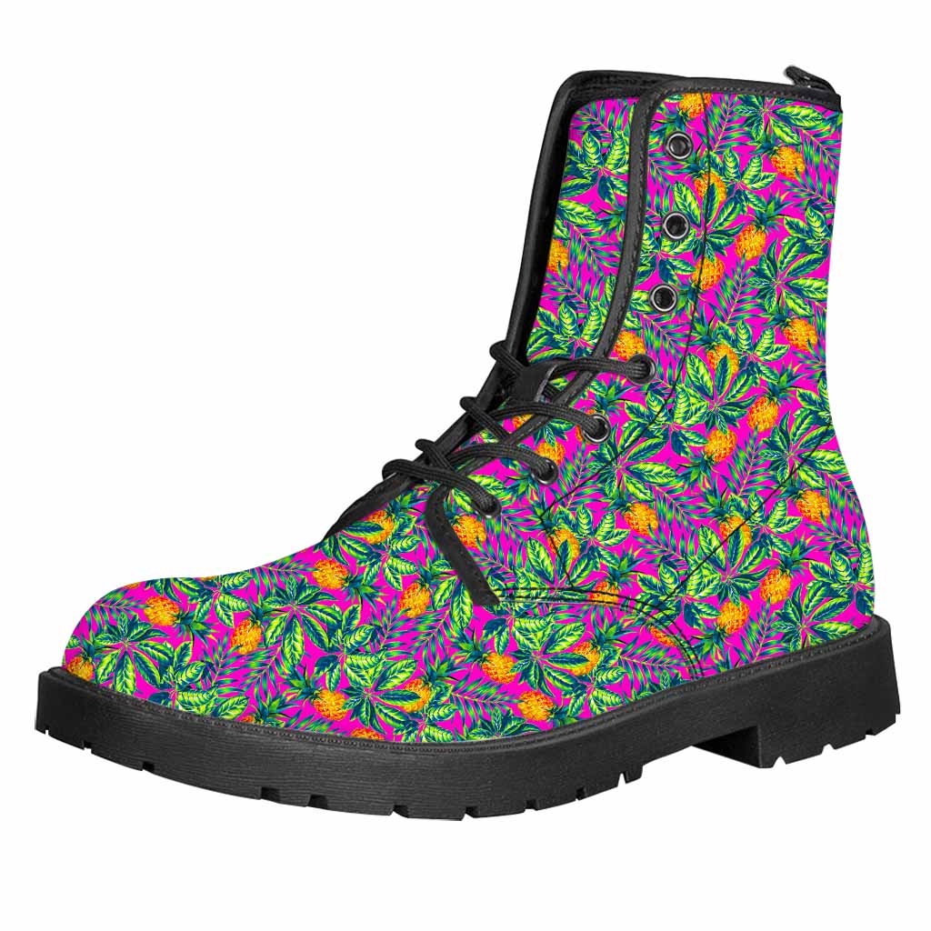 Hot Purple Pineapple Pattern Print Leather Boots