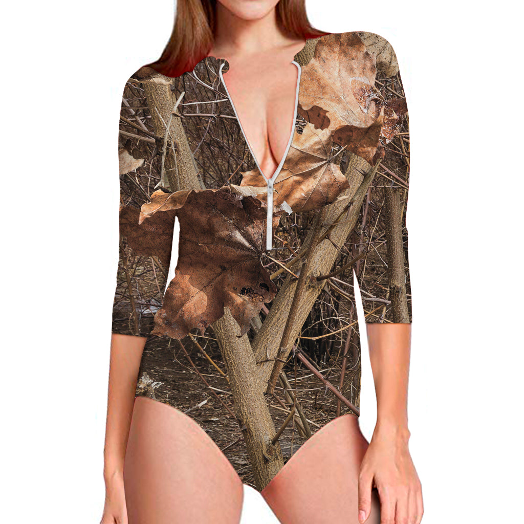 Hunting Camo Pattern Print Long Sleeve One Piece Swimsuit