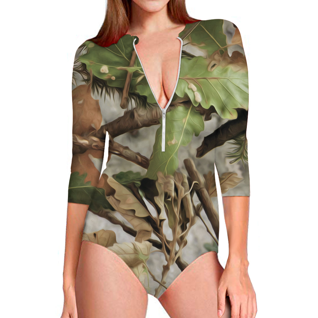 Hunting Camouflage Pattern Print Long Sleeve One Piece Swimsuit