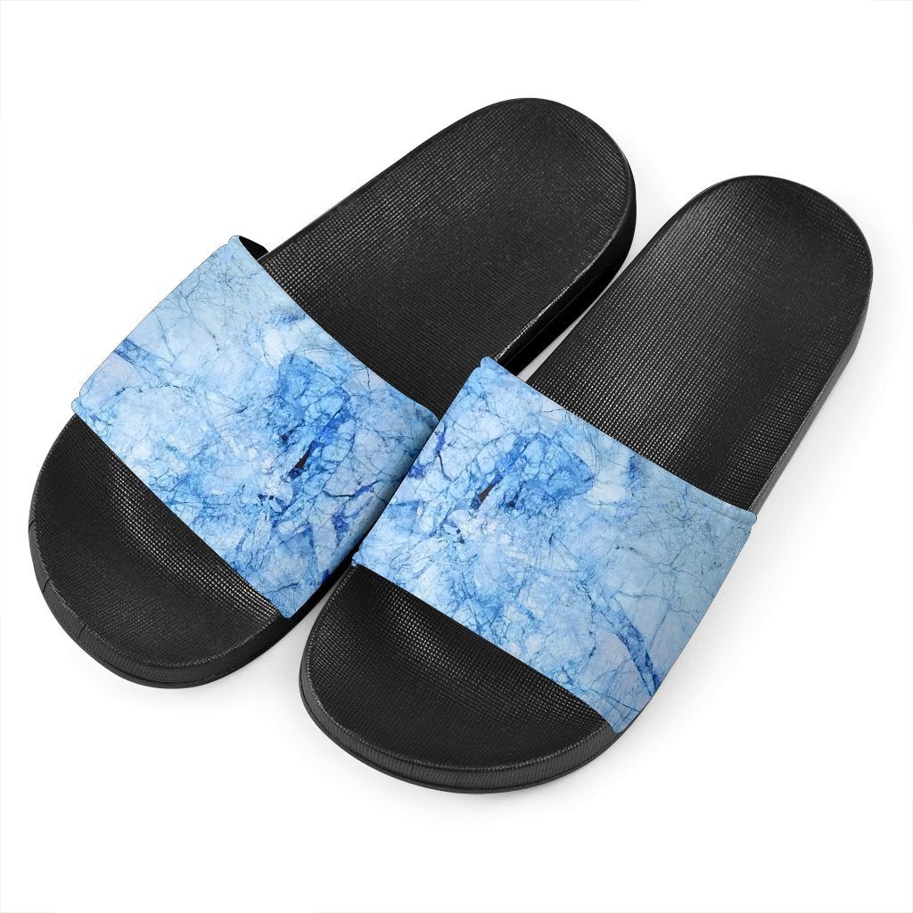 Ice Blue Marble Print Black Slide Sandals