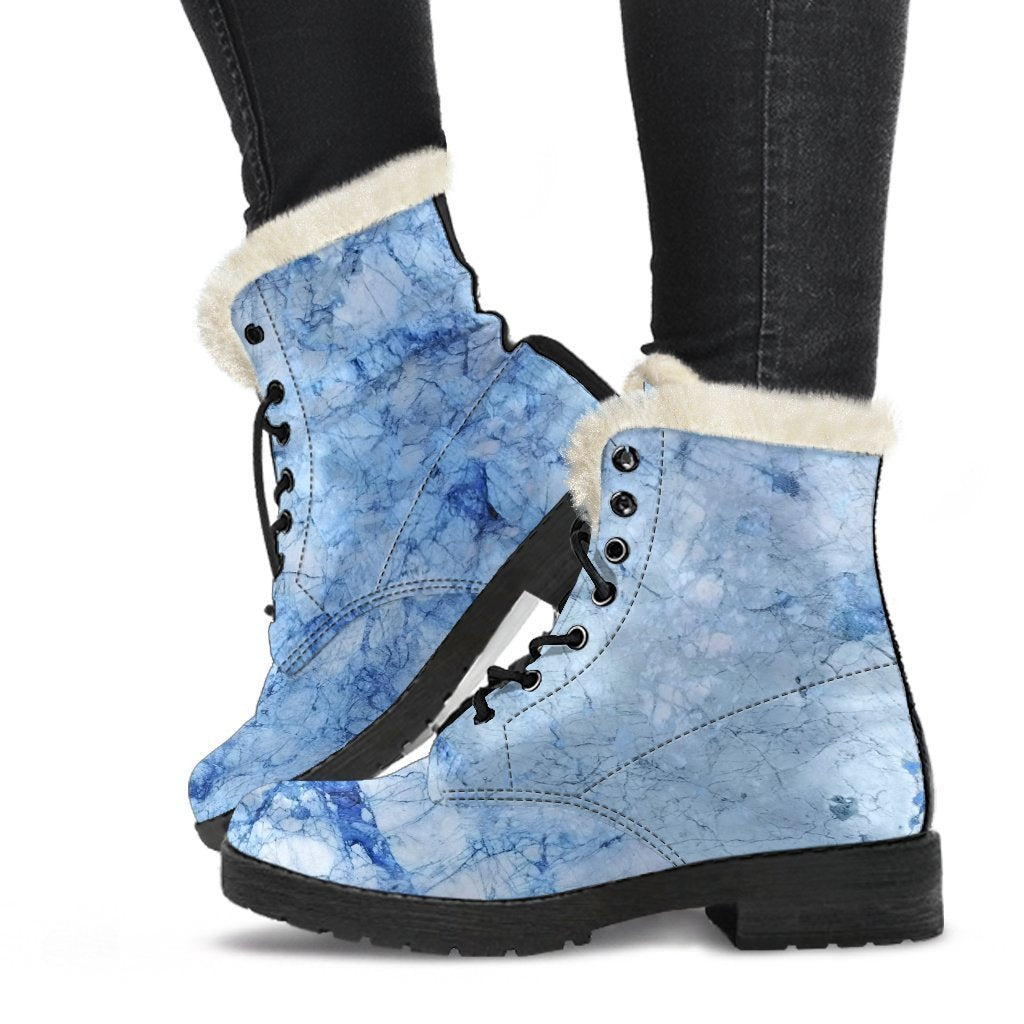 Ice Blue Marble Print Faux Fur Leather Boots