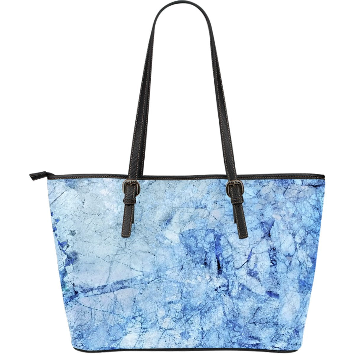 Ice Blue Marble Print Leather Tote Bag