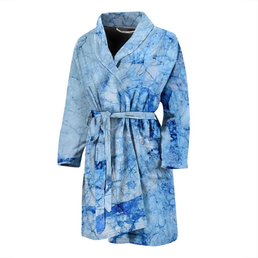 Ice Blue Marble Print Men's Bathrobe