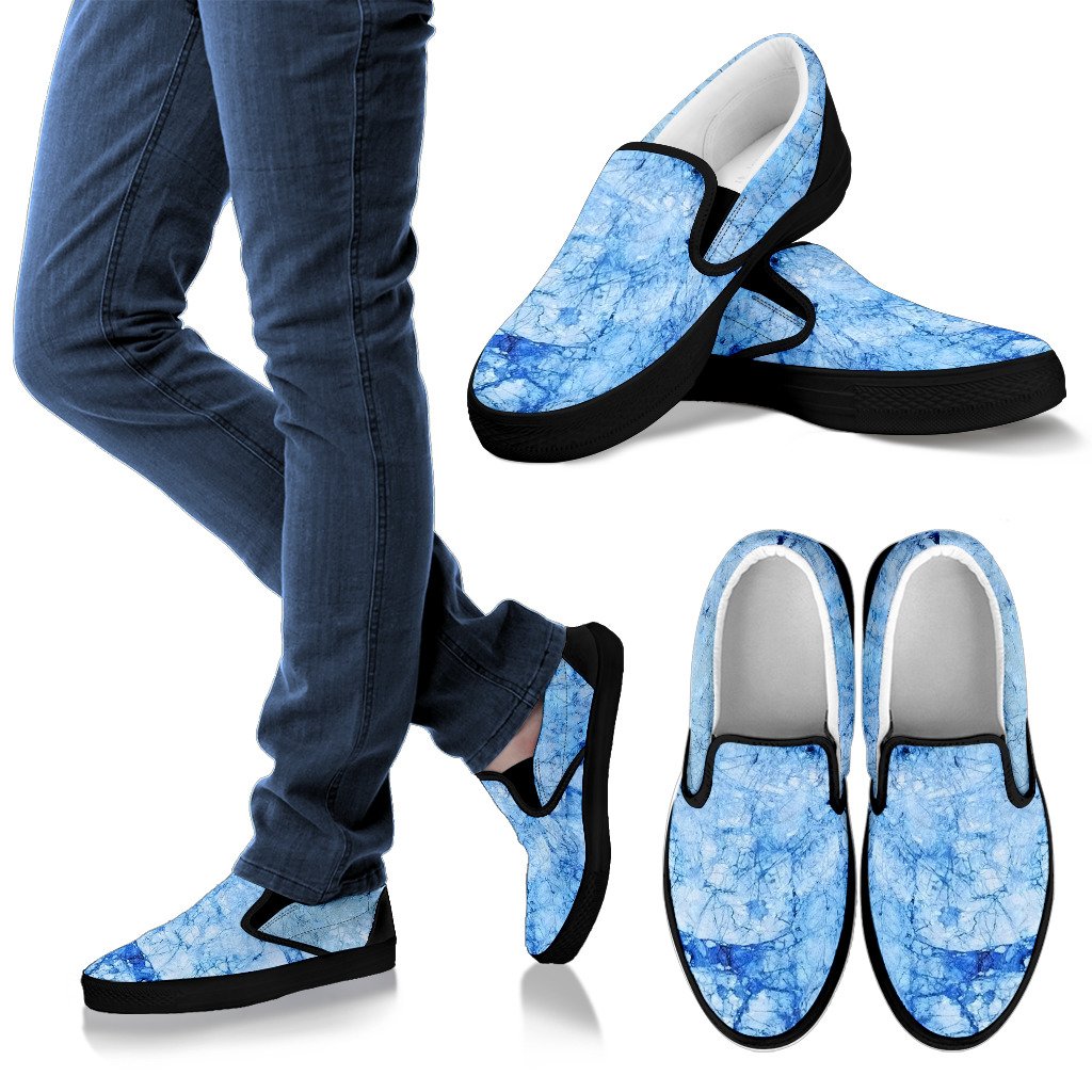 Ice Blue Marble Print Men's Slip On Shoes