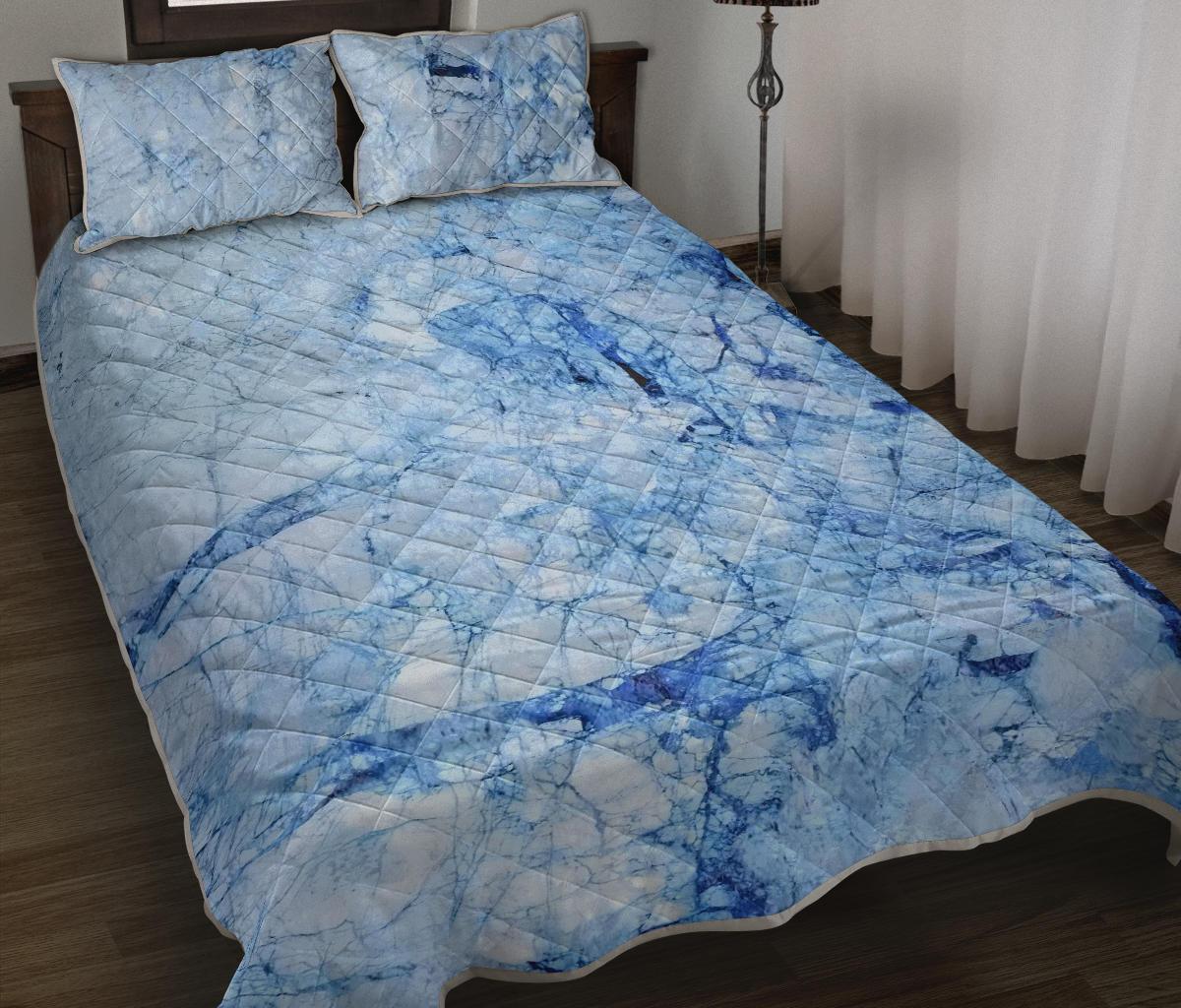 Ice Blue Marble Print Quilt Bed Set