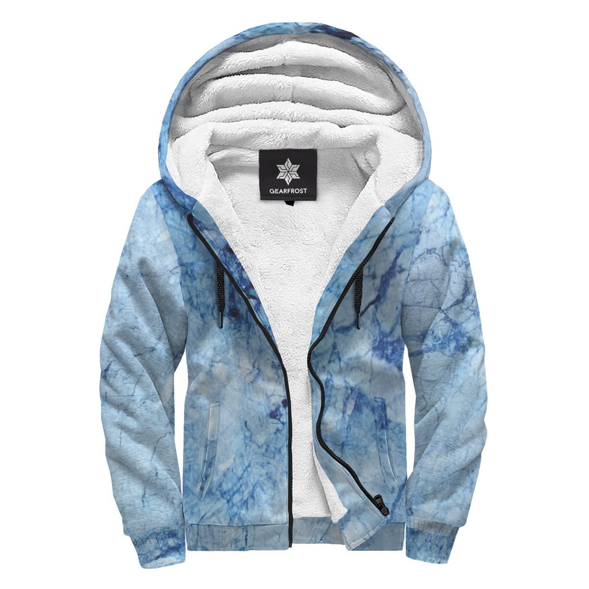 Ice Blue Marble Print Sherpa Lined Fleece Hoodie