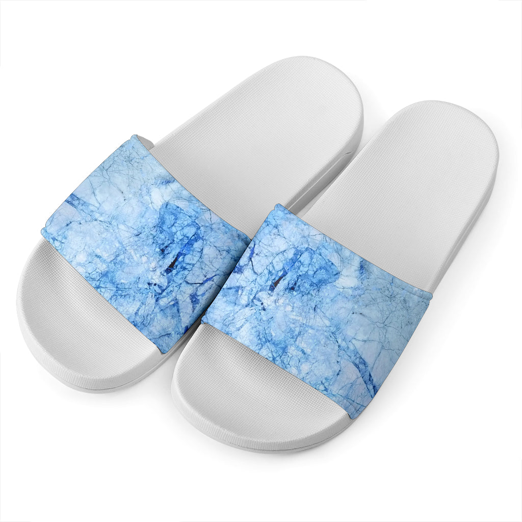 Ice Blue Marble Print White Slide Sandals