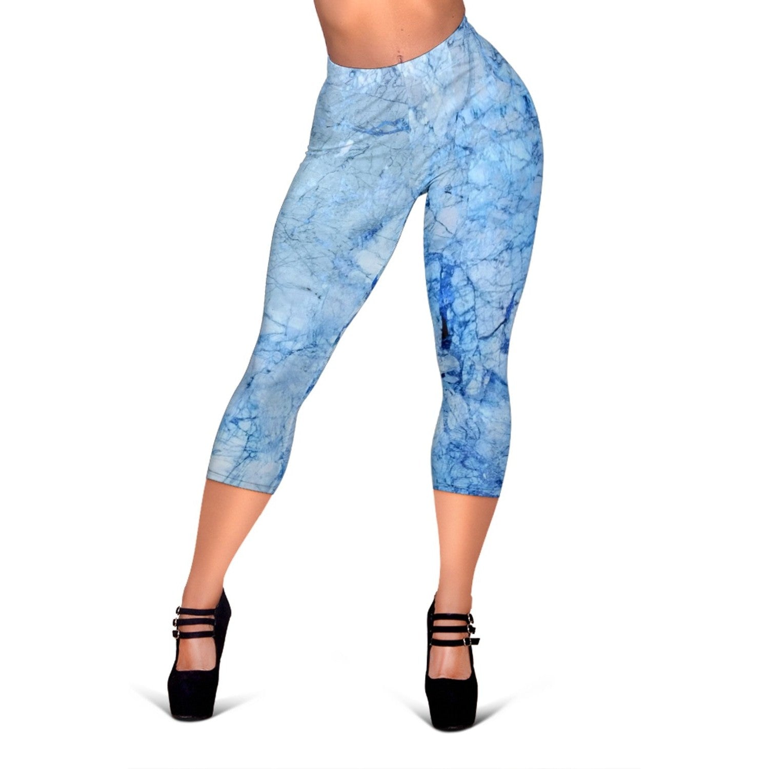 Ice Blue Marble Print Women's Capri Leggings