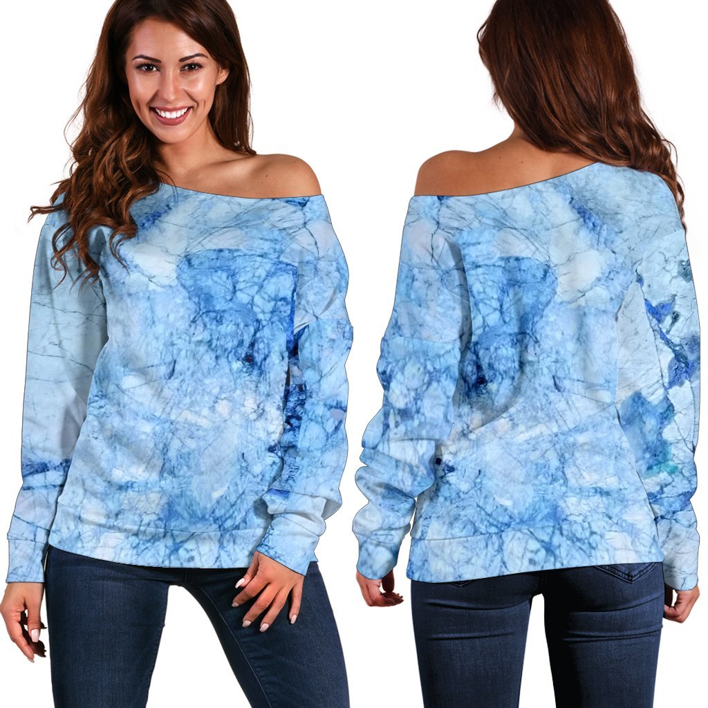 Ice Blue Marble Print Women's Off-Shoulder Sweatshirt