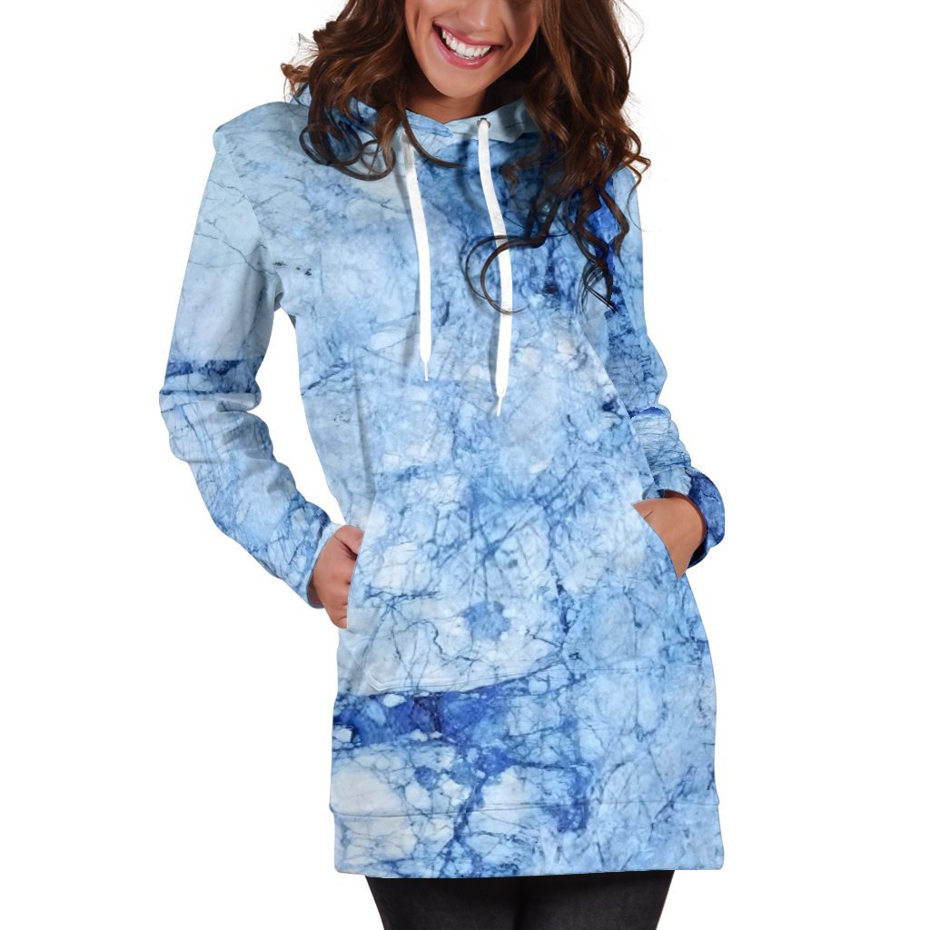 Ice Blue Marble Print Women's Pullover Hoodie Dress