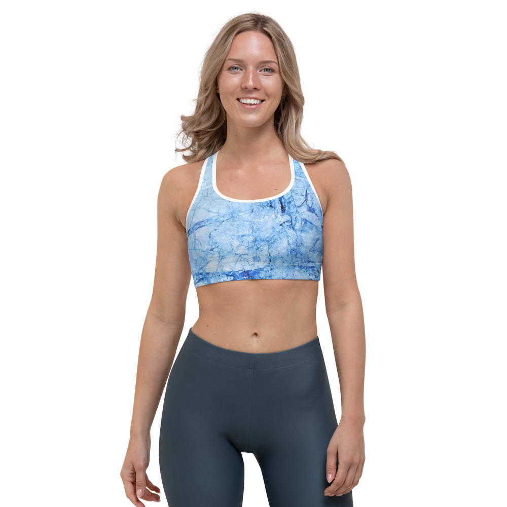 Ice Blue Marble Print Women's Sports Bra