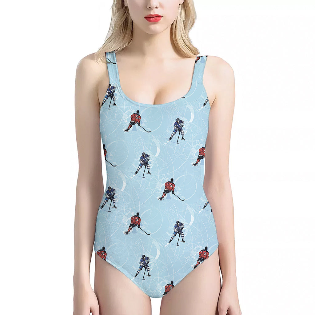 Ice Hockey Players Pattern Print One Piece Halter Neck Swimsuit