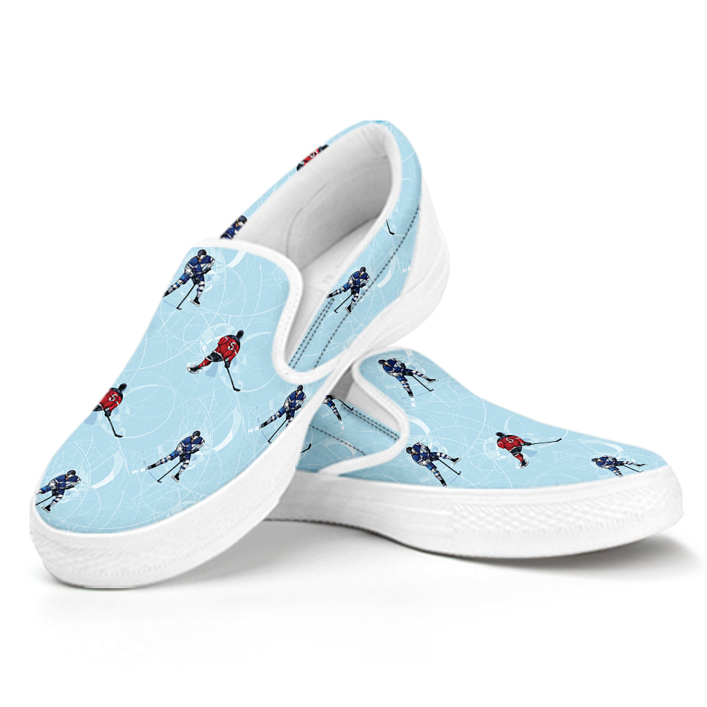 Ice Hockey Players Pattern Print White Slip On Shoes