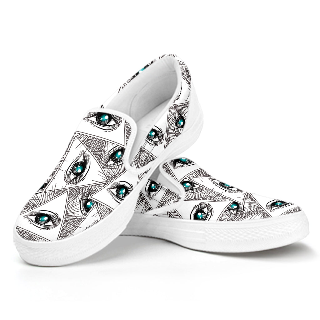 Illuminati Pattern Print White Slip On Shoes