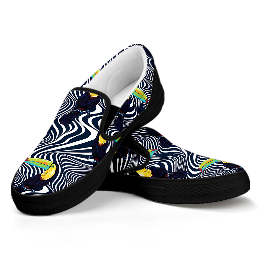 Illusion Toucan Print Black Slip On Shoes