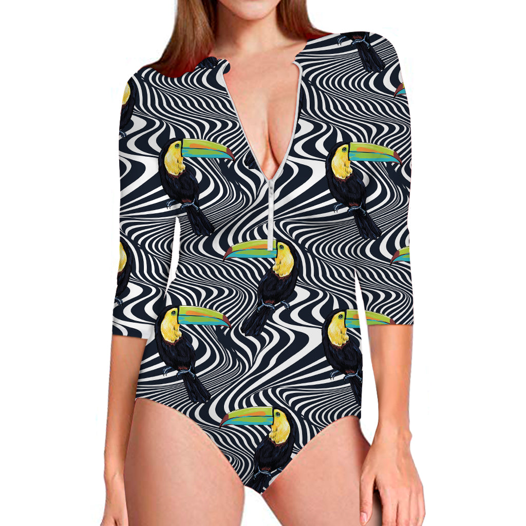 Illusion Toucan Print Long Sleeve One Piece Swimsuit