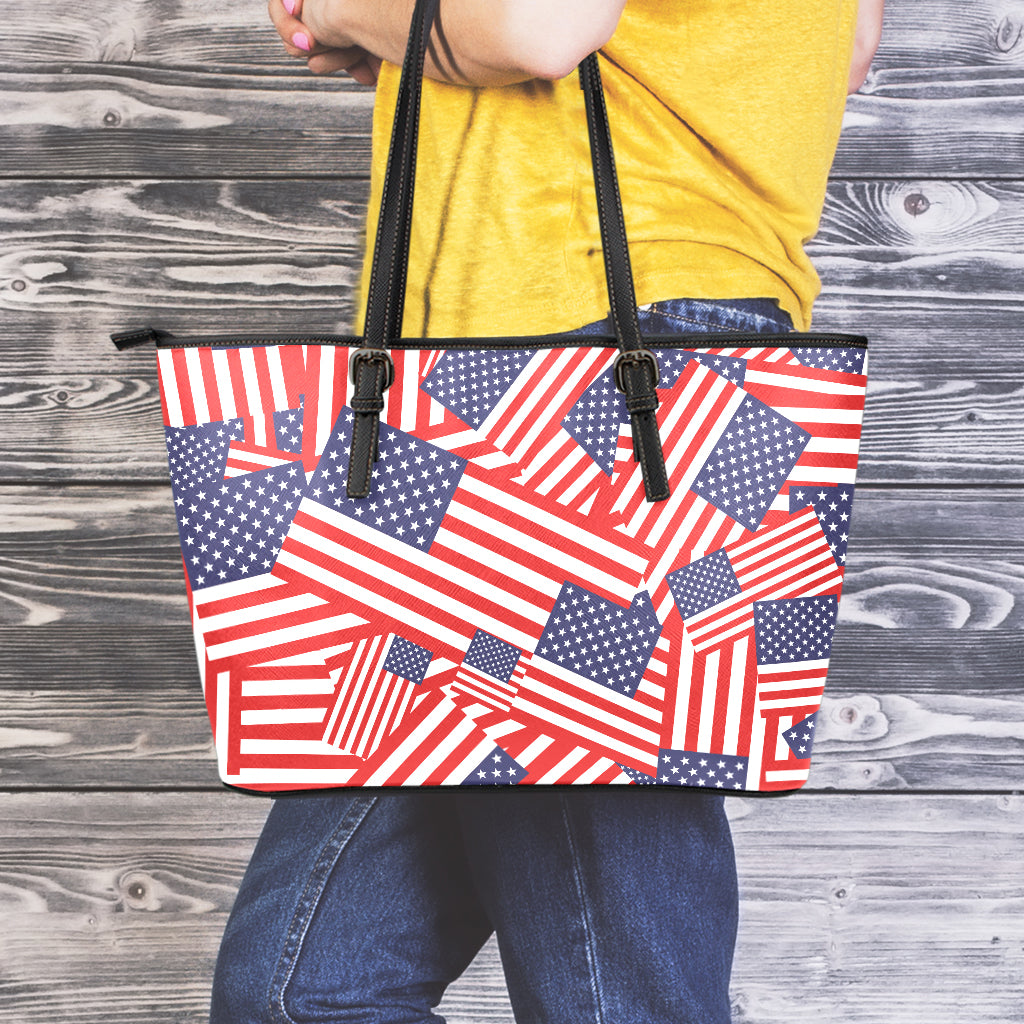 Independence Day USA Flag Pattern Print Leather Tote Bag