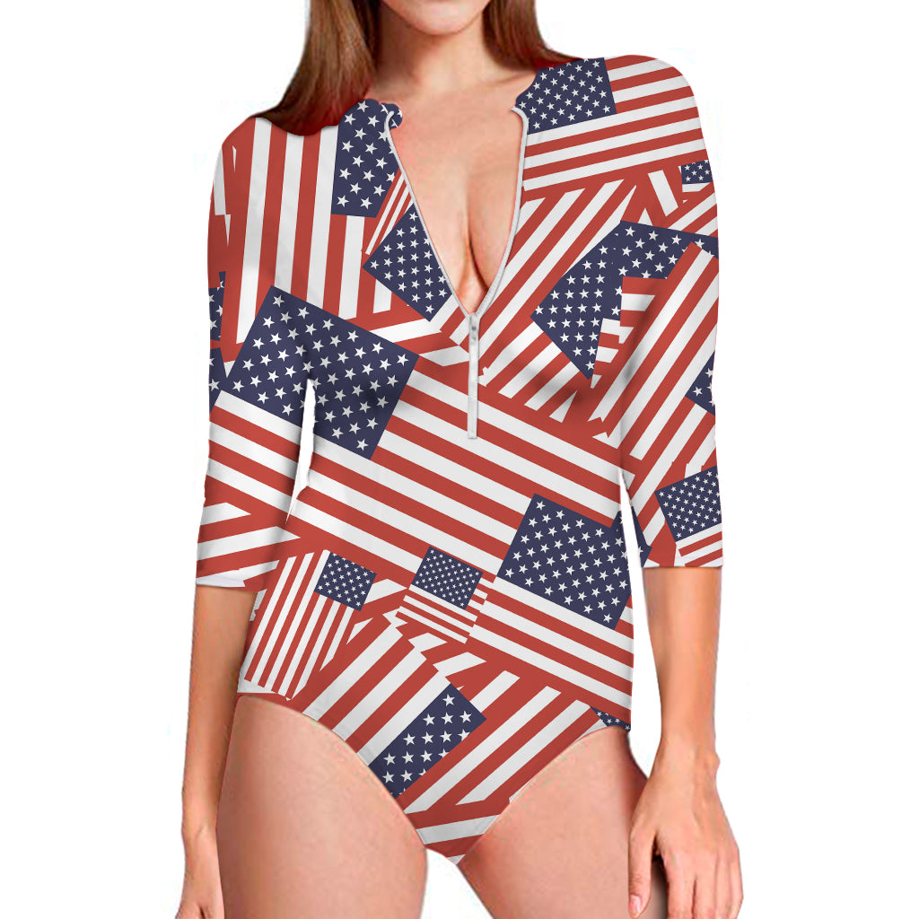 Independence Day USA Flag Pattern Print Long Sleeve One Piece Swimsuit