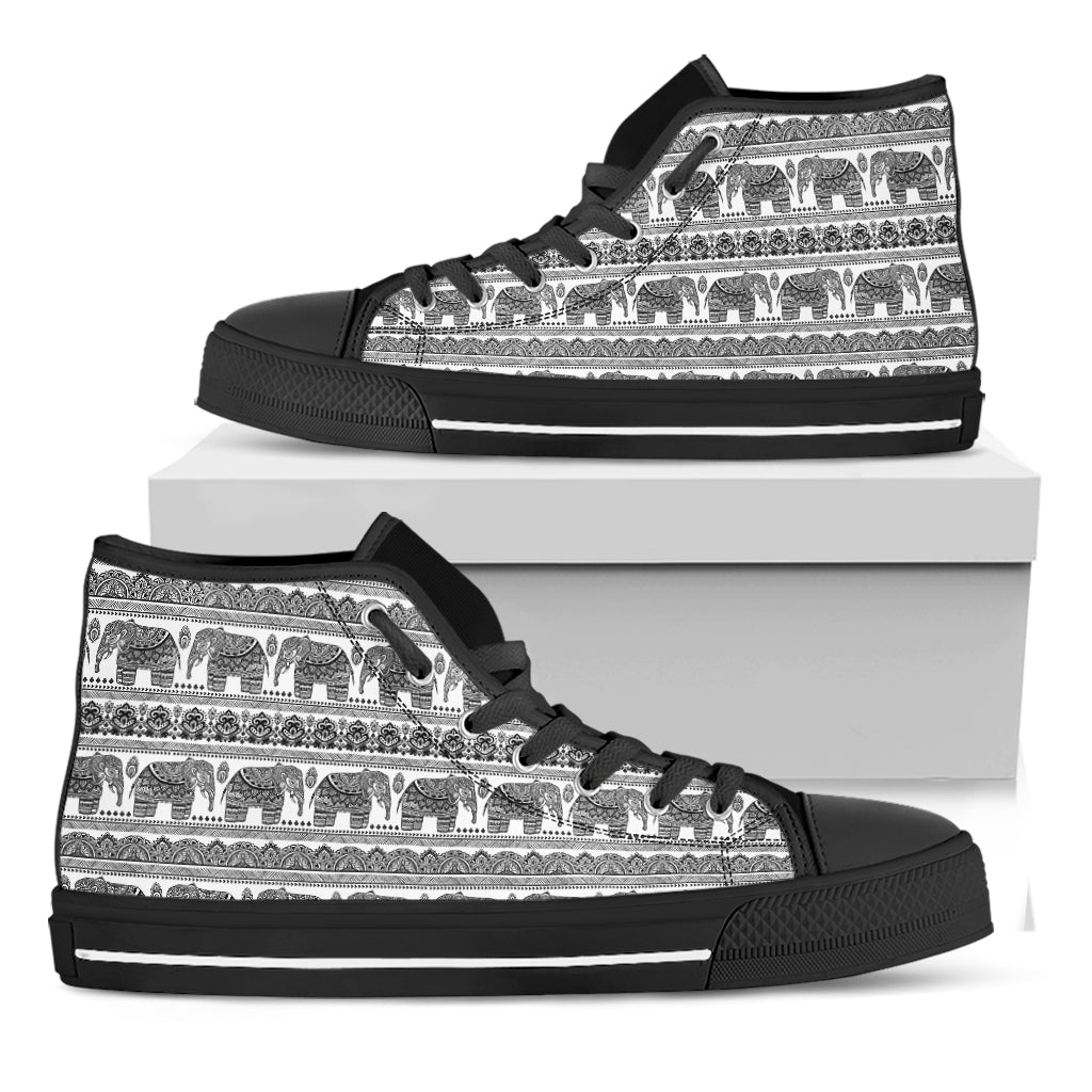 Indian Bohemian Elephant Pattern Print Black High Top Shoes