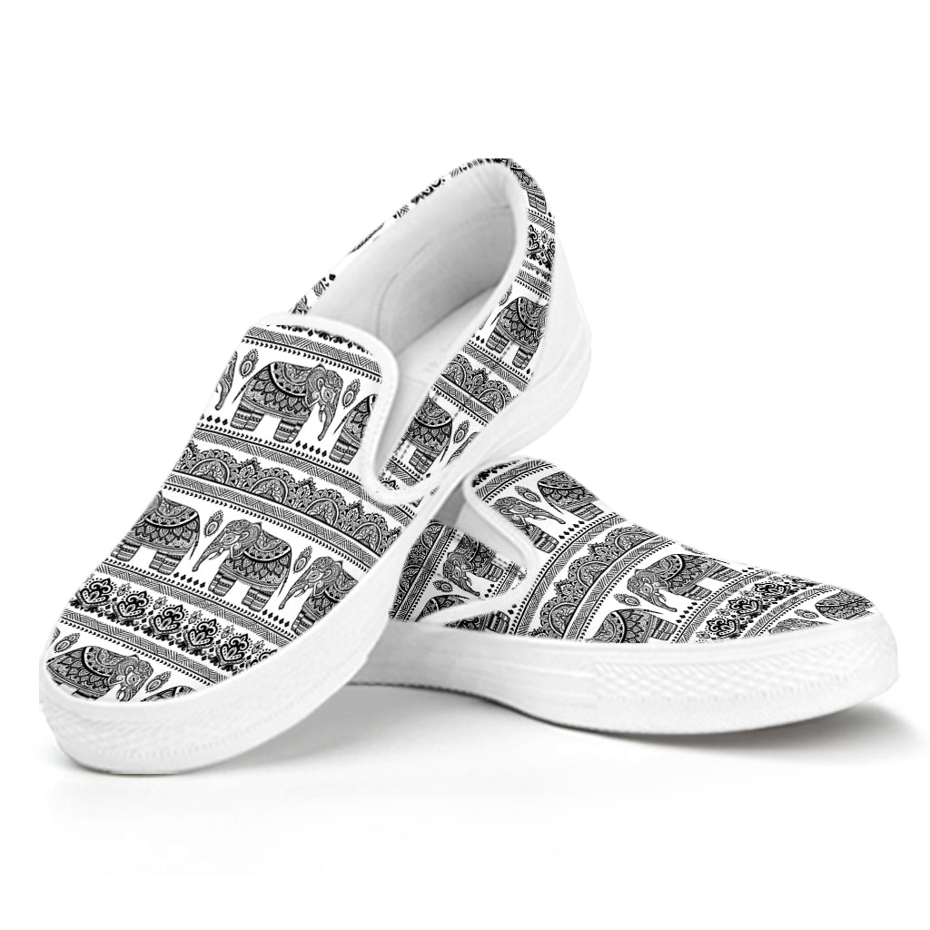 Indian Bohemian Elephant Pattern Print White Slip On Shoes