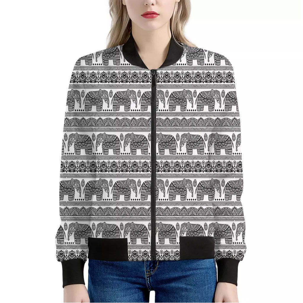 Indian Bohemian Elephant Pattern Print Women's Bomber Jacket