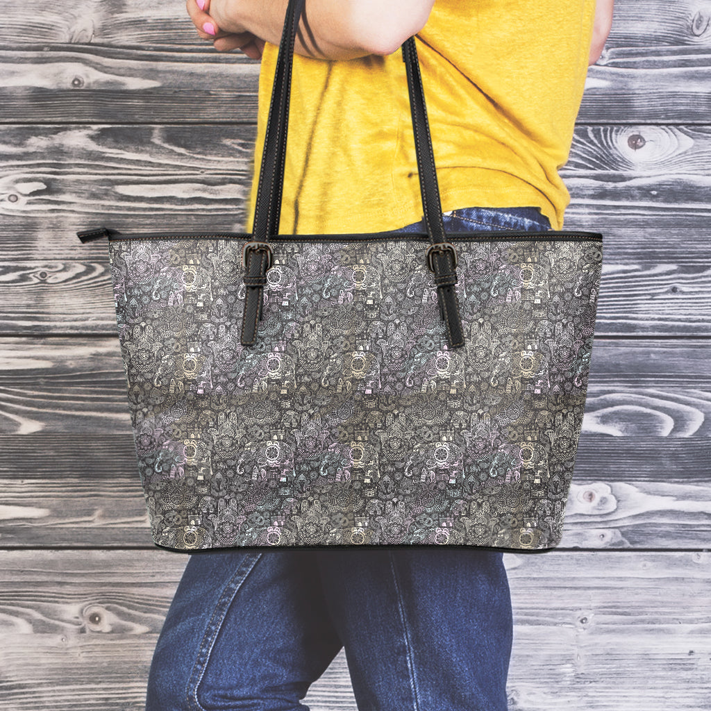 Indian Boho Elephant Pattern Print Leather Tote Bag