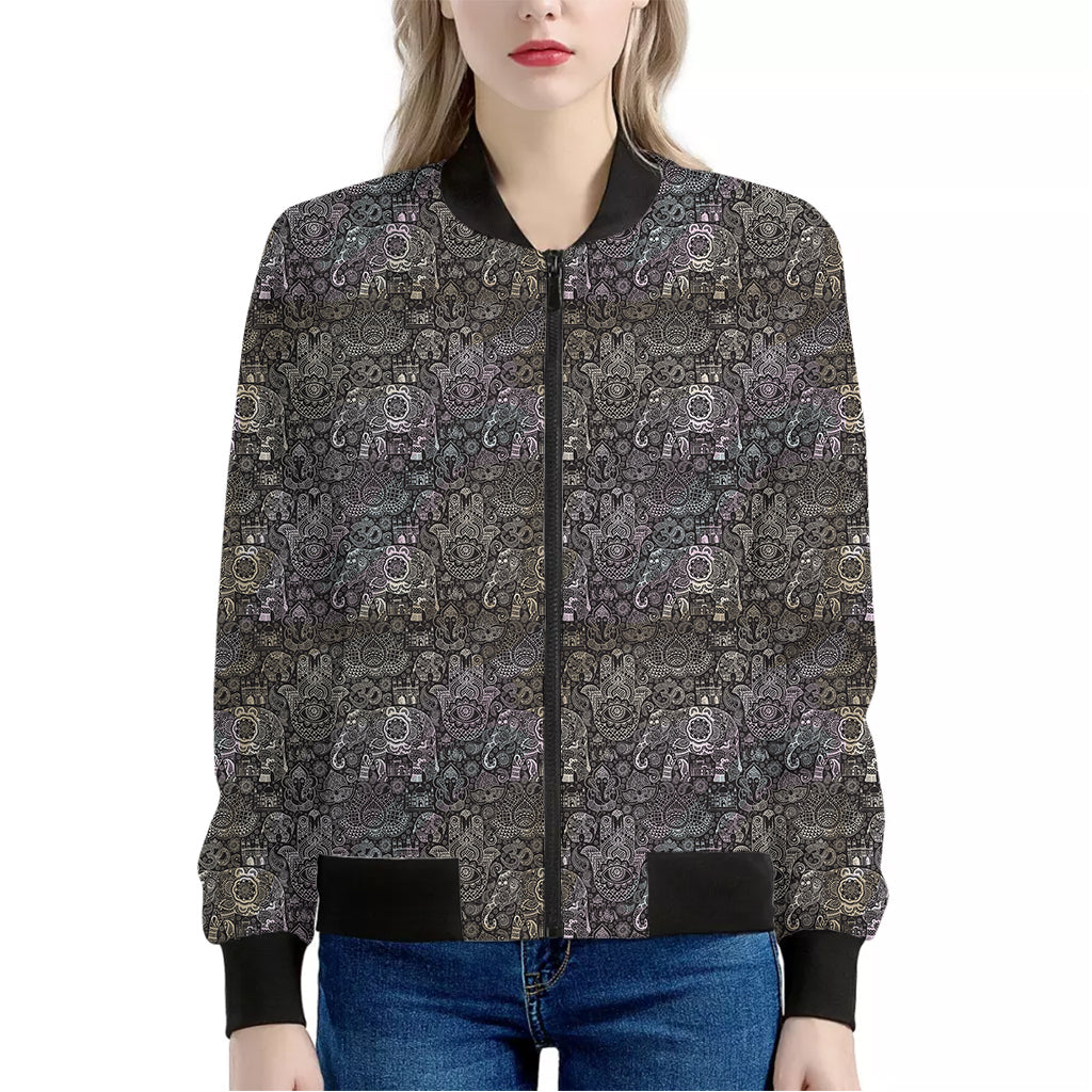 Indian Boho Elephant Pattern Print Women's Bomber Jacket