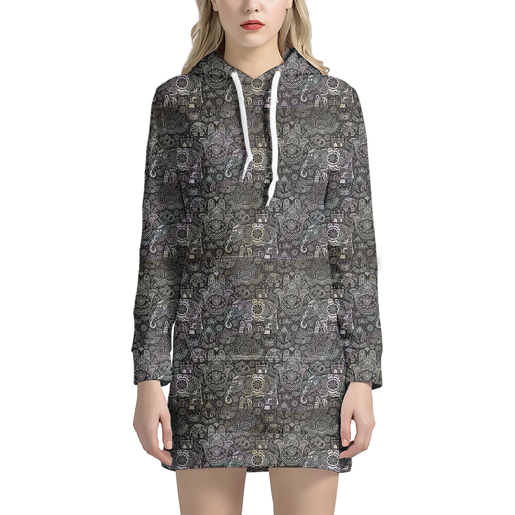 Indian Boho Elephant Pattern Print Women's Pullover Hoodie Dress