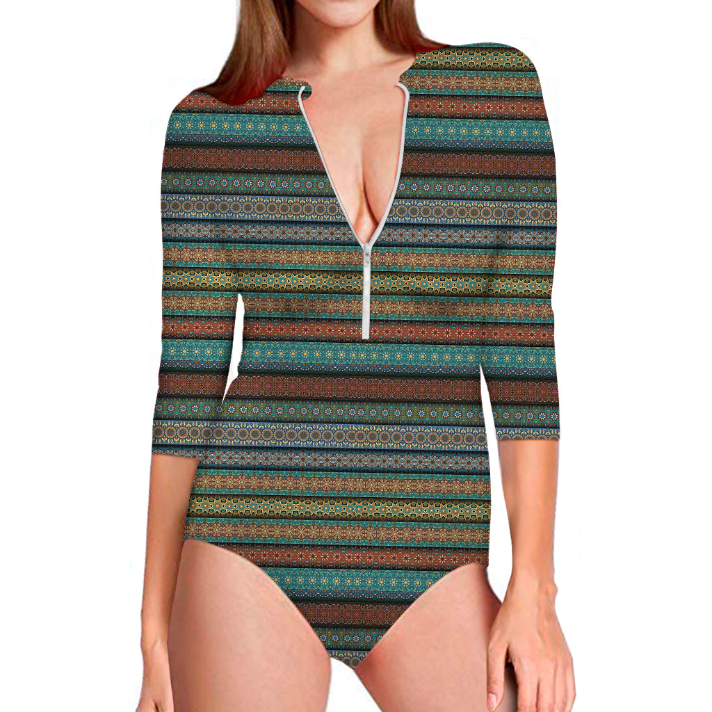 Indian Ethnic Pattern Print Long Sleeve One Piece Swimsuit