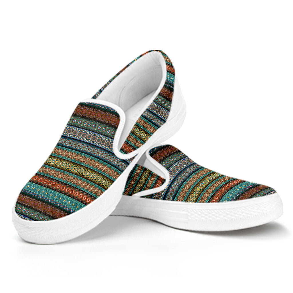 Indian Ethnic Pattern Print White Slip On Shoes