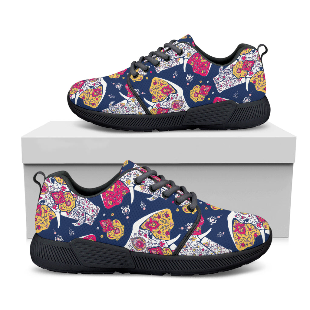 Indian Floral Elephant Pattern Print Black Athletic Shoes