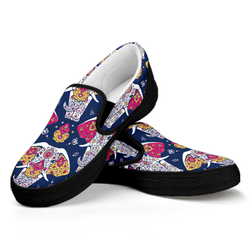 Indian Floral Elephant Pattern Print Black Slip On Shoes