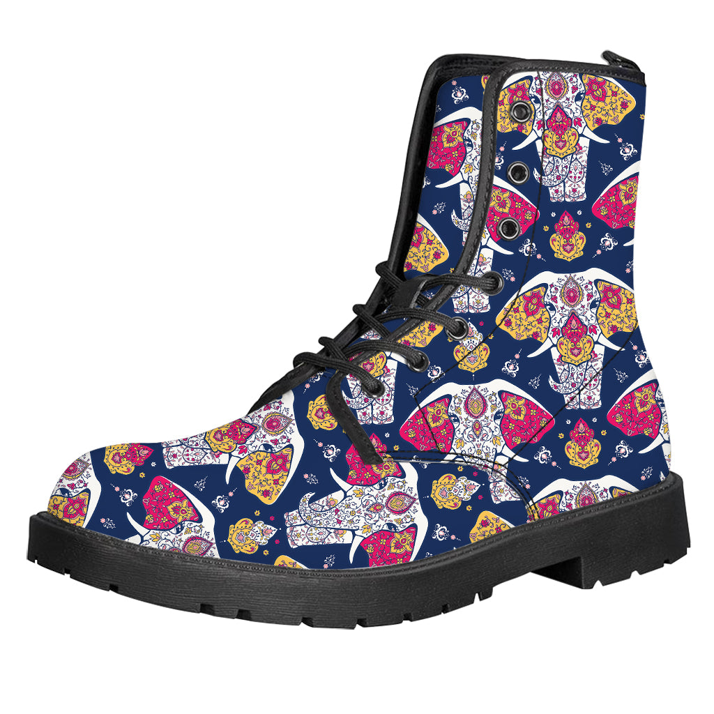 Indian Floral Elephant Pattern Print Leather Boots