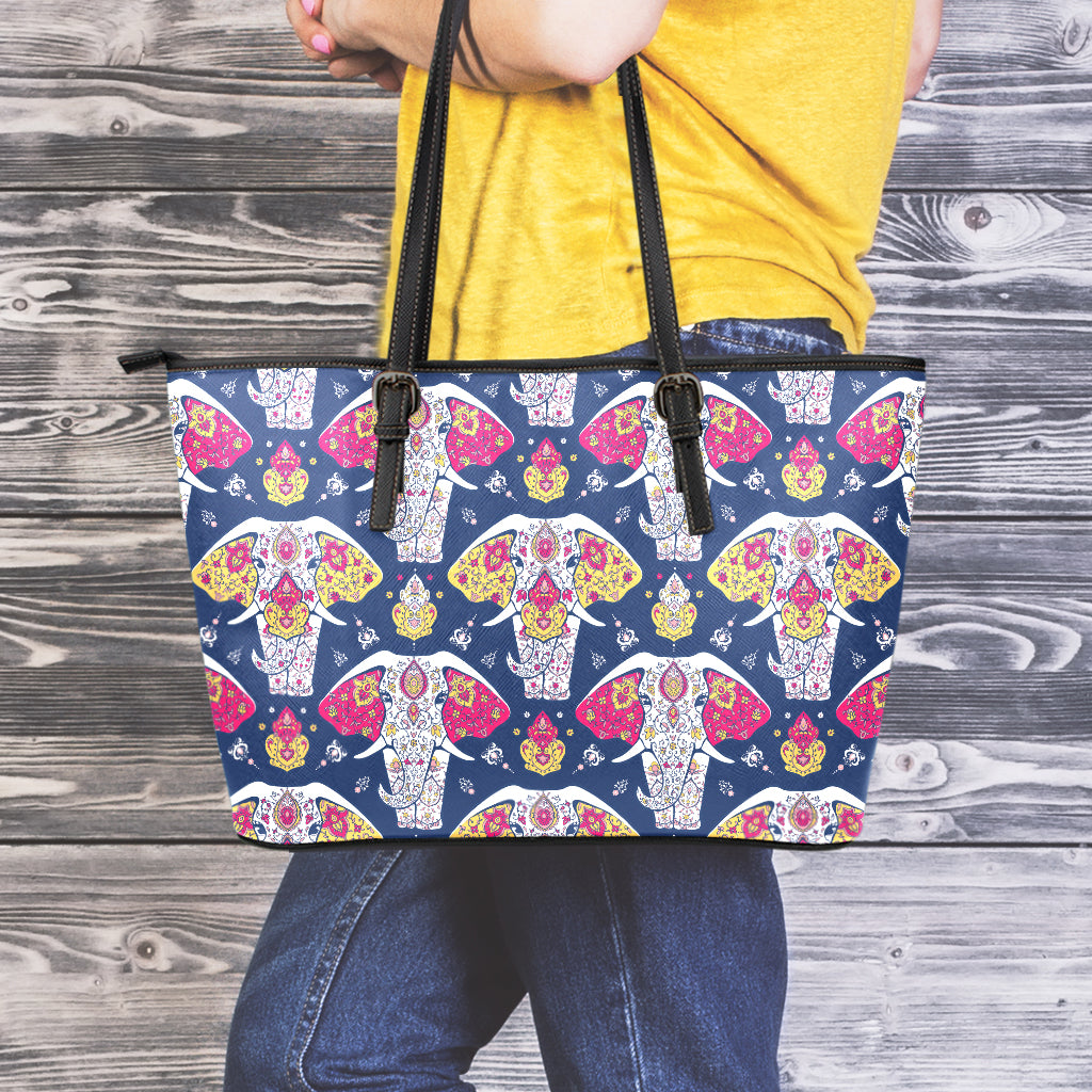 Indian Floral Elephant Pattern Print Leather Tote Bag