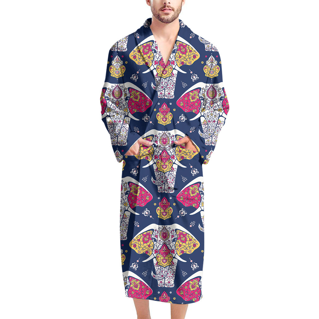 Indian Floral Elephant Pattern Print Men's Bathrobe