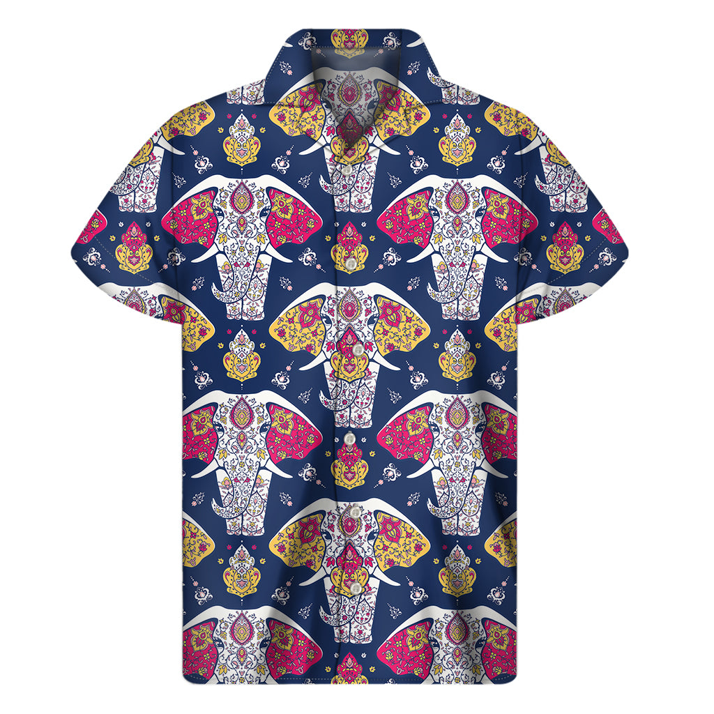 Indian Floral Elephant Pattern Print Men's Short Sleeve Shirt